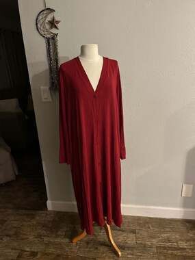 Cuddl Duds Red Long Button-Front Cardigan Duster Dress with Pockets, 3X